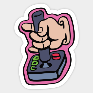 Cartoon hand playing retro game on a joystick Sticker